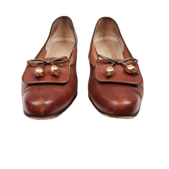 Salvatore Ferragamo Chestnut Leather Loafer Pumps Bow Tie Size 8 Women's - Picture 2 of 13